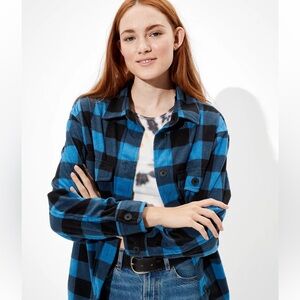 AE Blue and Black Plaid Flannel Button Up Shirt